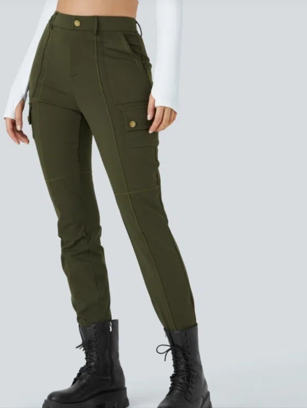 Halara DayStretch High Waisted Cargo Pants XL Olive Green Contrast Stitch